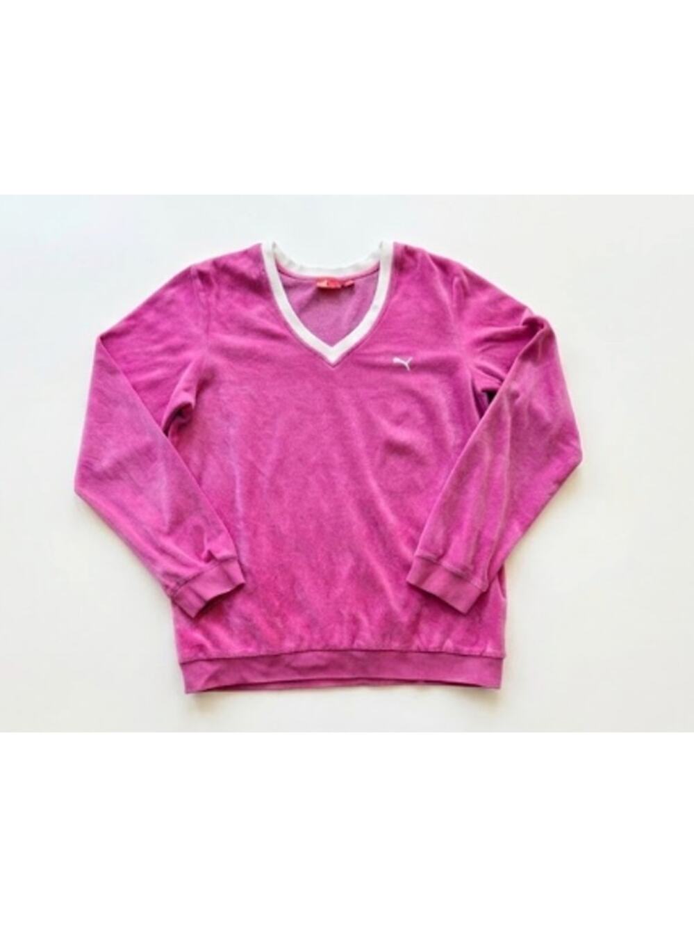 Vintage Puma V-Neck Sweatshirt Womens XL Bright Pink Cotton Velour Pullover 90s
